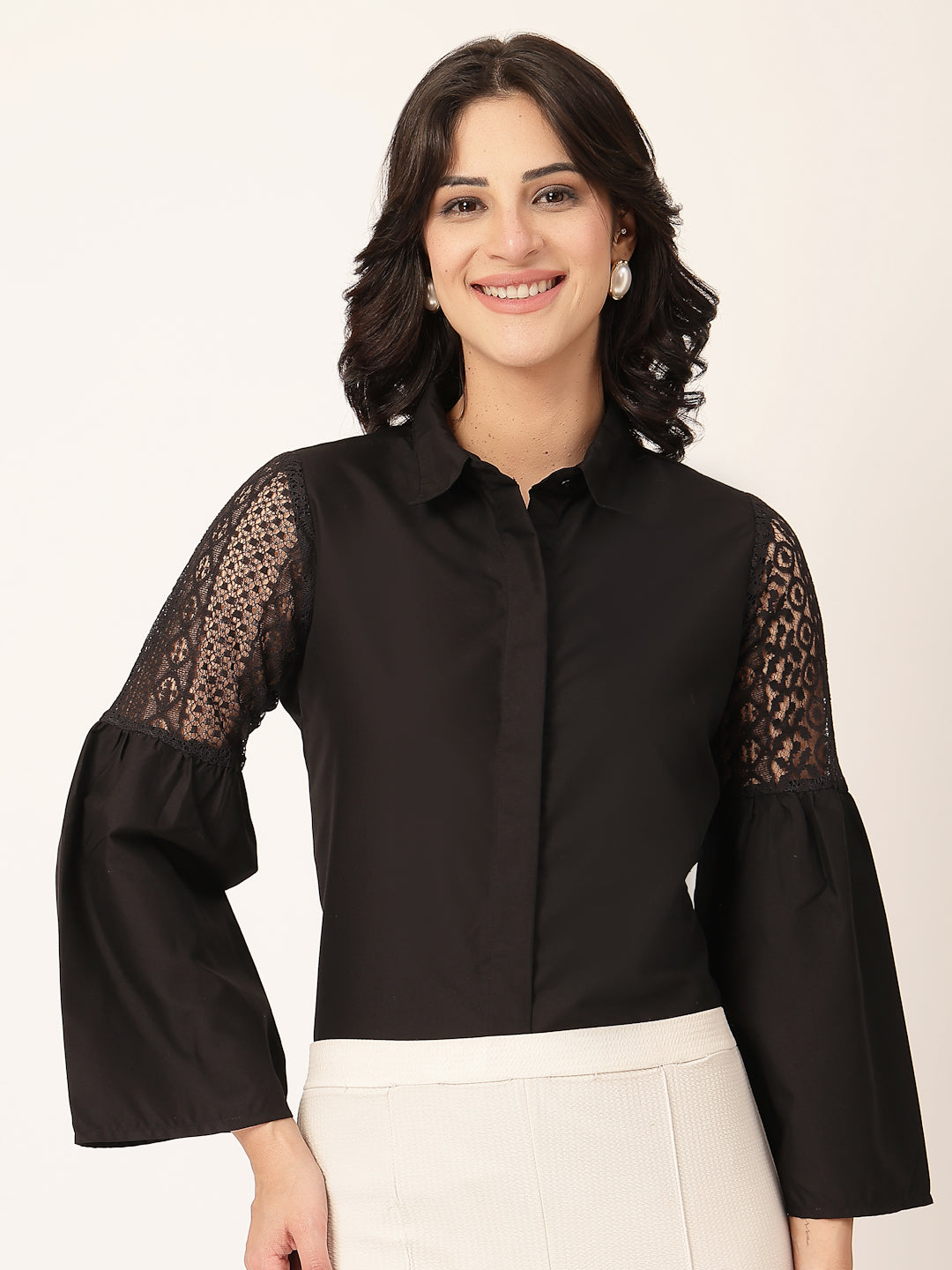 Style Quotient Women Solid Black Polycotton And Lace Fabric Shirt-Shirts-StyleQuotient