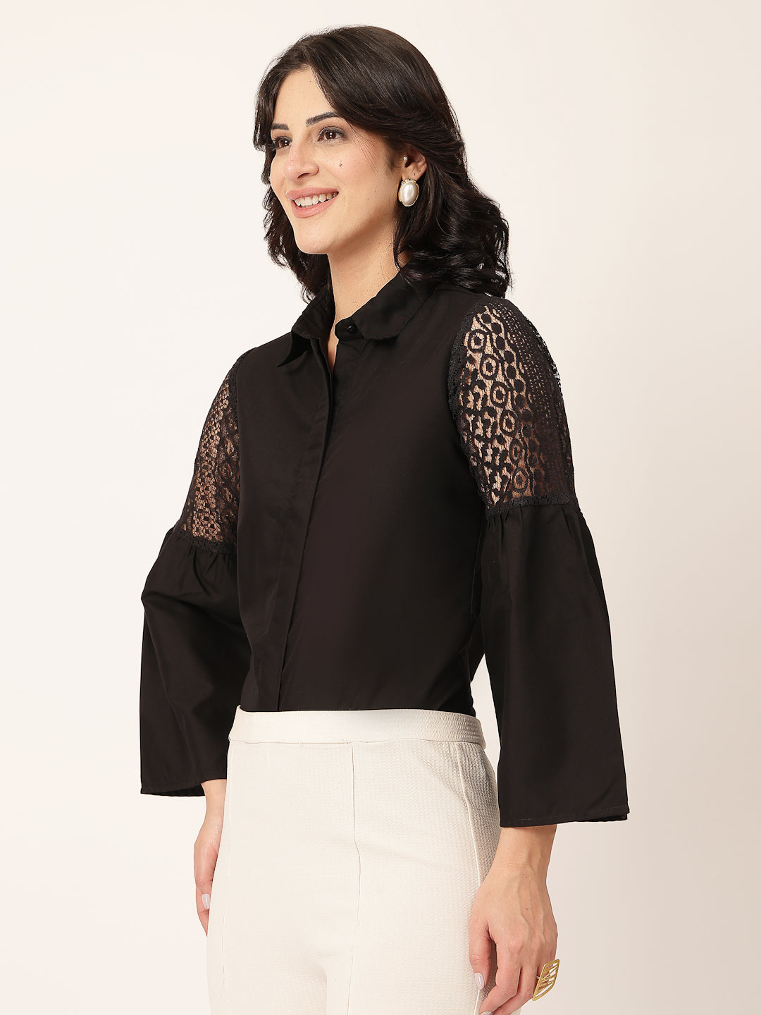 Style Quotient Women Solid Black Polycotton And Lace Fabric Shirt-Shirts-StyleQuotient