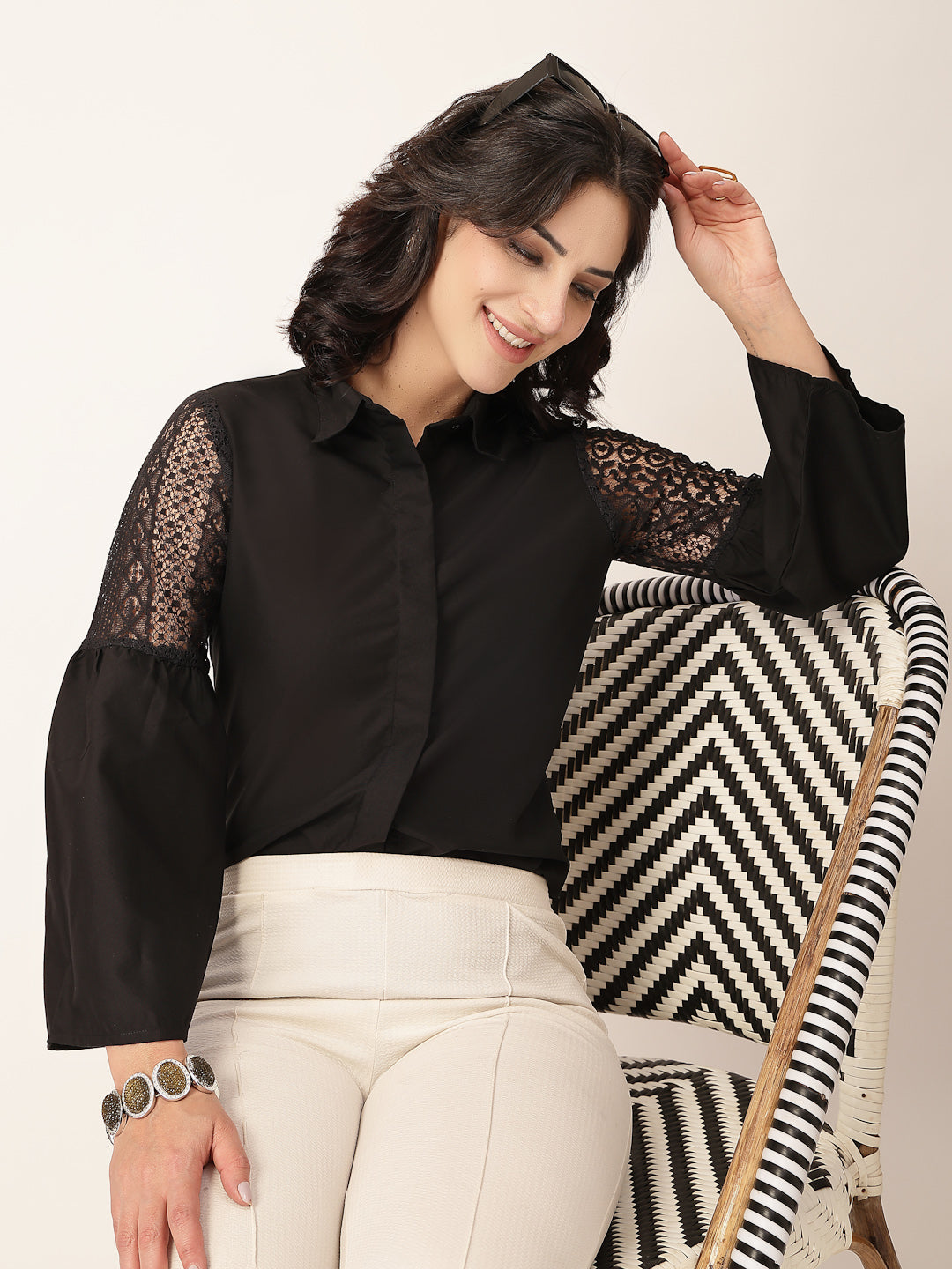 Style Quotient Women Solid Black Polycotton And Lace Fabric Shirt-Shirts-StyleQuotient