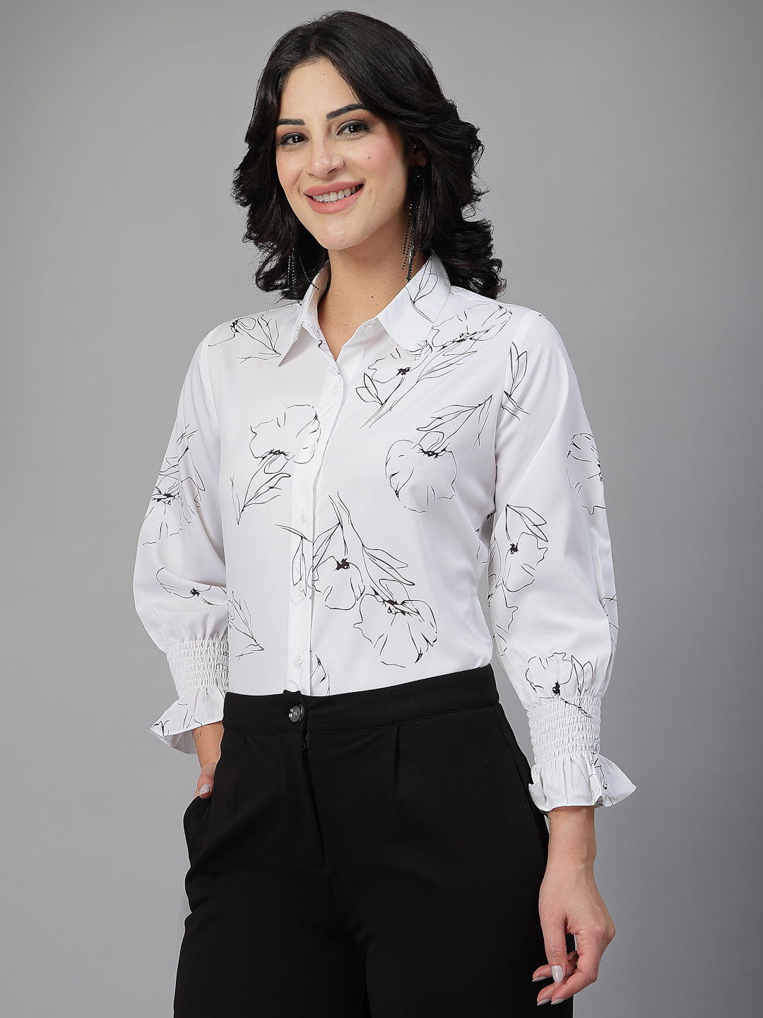 Style Quotient Women White and Black Floral Printed Polycrepe Regular Smart Casual Shirt-Shirts-StyleQuotient