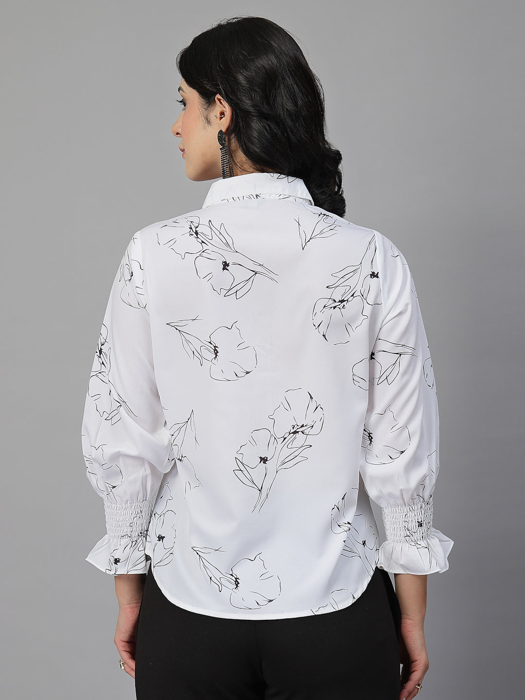 Style Quotient Women White and Black Floral Printed Polycrepe Regular Smart Casual Shirt-Shirts-StyleQuotient