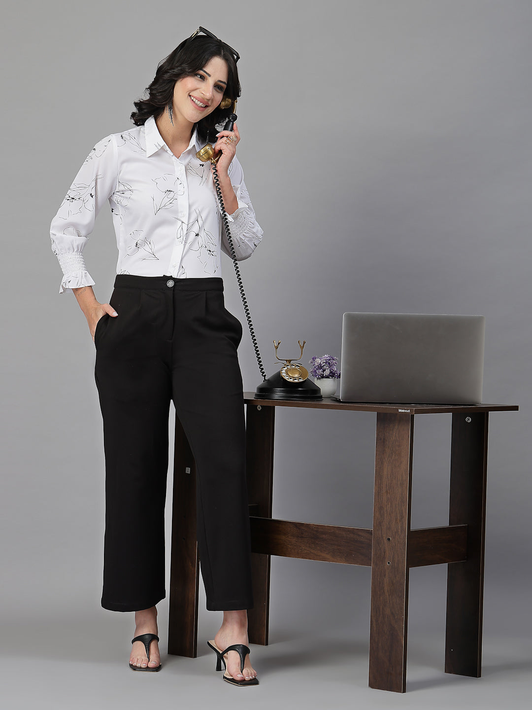 Style Quotient Women White and Black Floral Printed Polycrepe Regular Smart Casual Shirt-Shirts-StyleQuotient