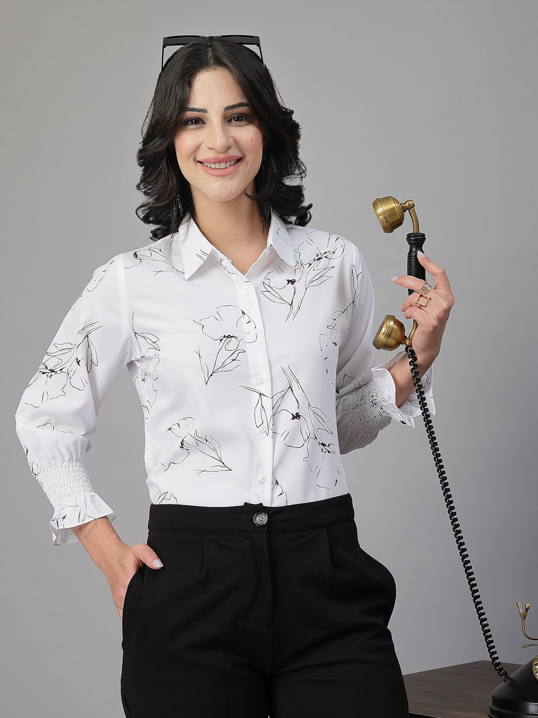Style Quotient Women White and Black Floral Printed Polycrepe Regular Smart Casual Shirt-Shirts-StyleQuotient