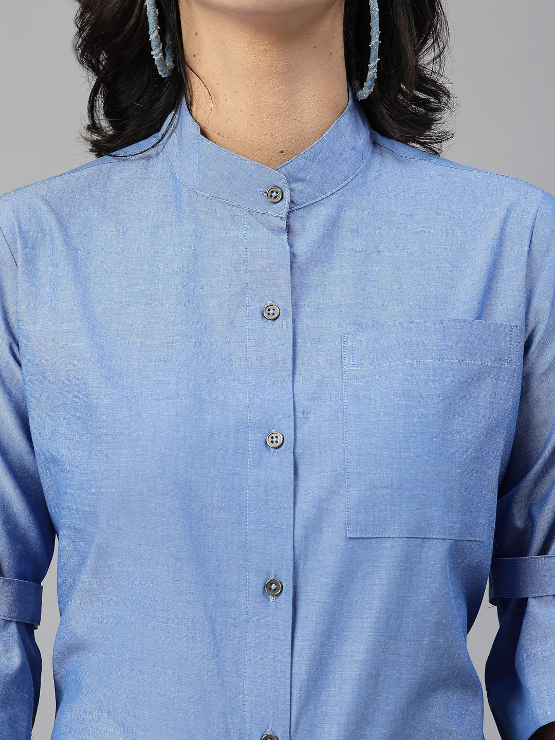 Style Quotient Women Solid Blue Chambray Cotton Formal Shirt-Shirts-StyleQuotient