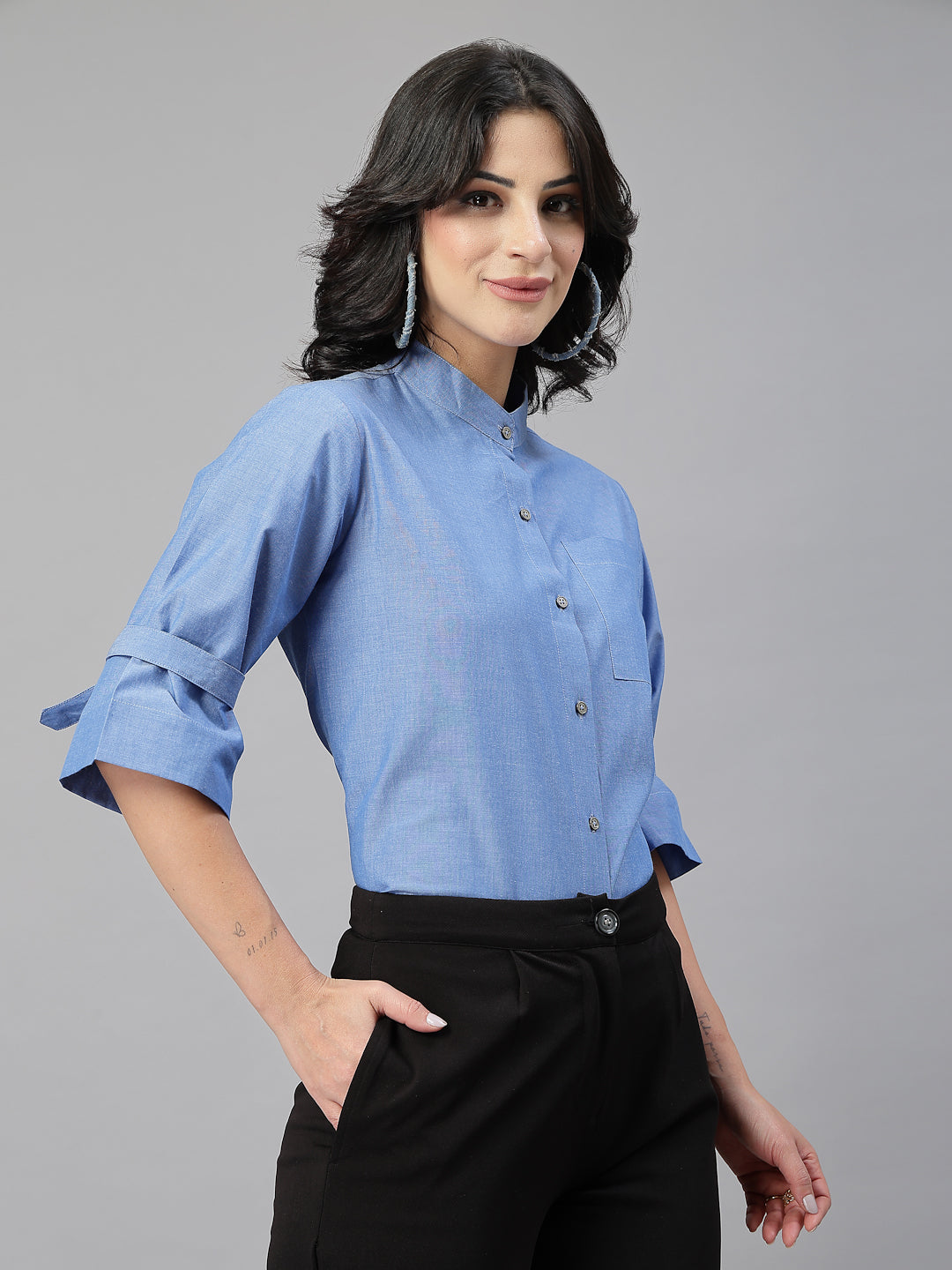 Style Quotient Women Solid Blue Chambray Cotton Formal Shirt-Shirts-StyleQuotient