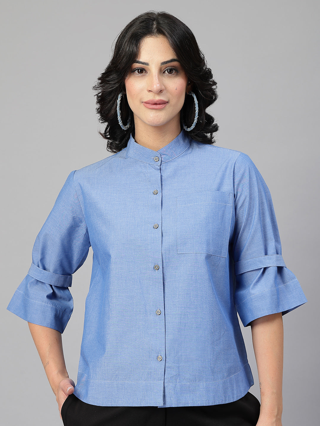 Style Quotient Women Solid Blue Chambray Cotton Formal Shirt-Shirts-StyleQuotient