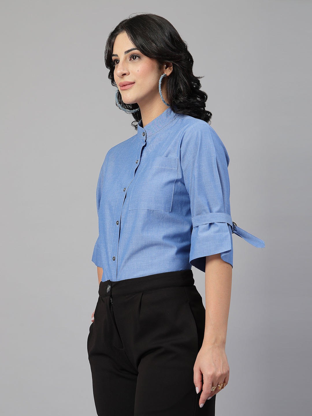 Style Quotient Women Solid Blue Chambray Cotton Formal Shirt-Shirts-StyleQuotient