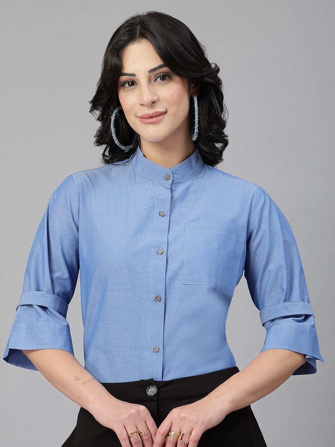 Style Quotient Women Solid Blue Chambray Cotton Formal Shirt-Shirts-StyleQuotient