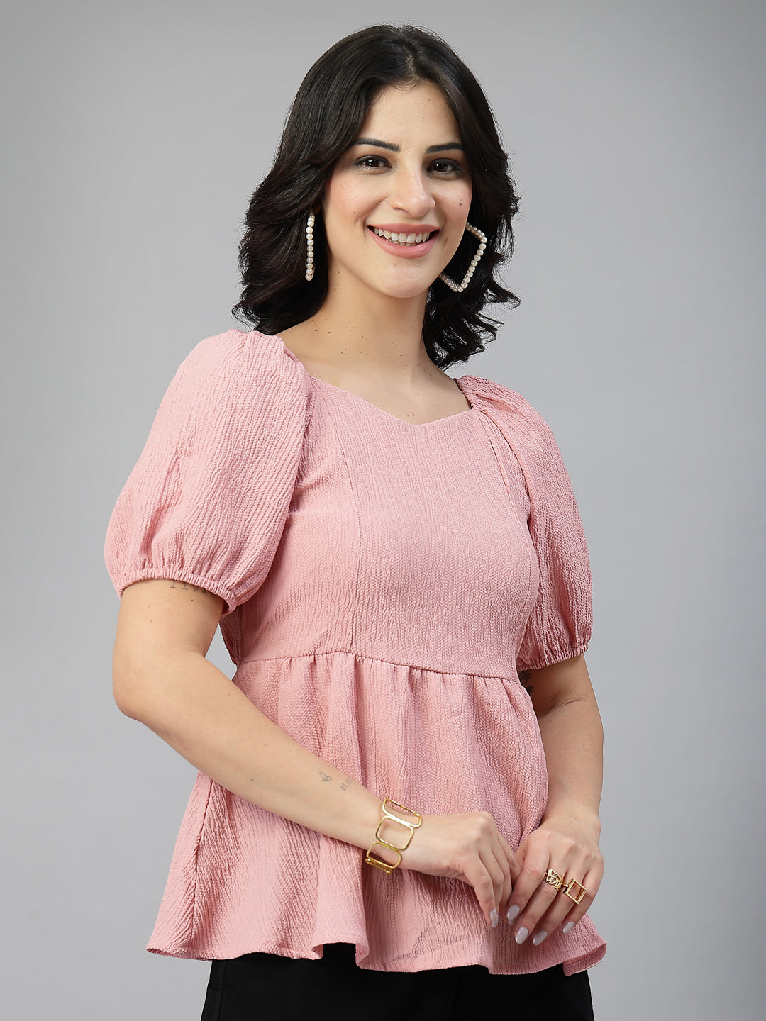 Style Quotient Women Texture Peach Polyester Peplum Top-Tops-StyleQuotient