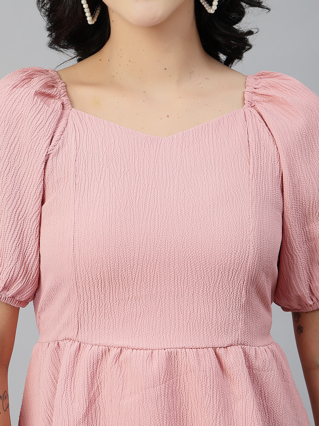 Style Quotient Women Texture Peach Polyester Peplum Top-Tops-StyleQuotient