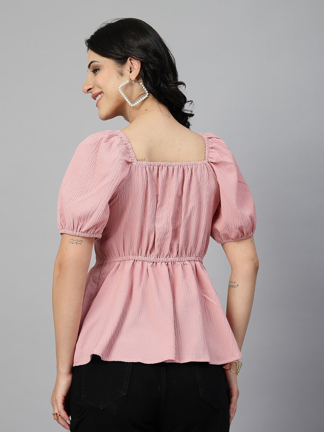 Style Quotient Women Texture Peach Polyester Peplum Top-Tops-StyleQuotient