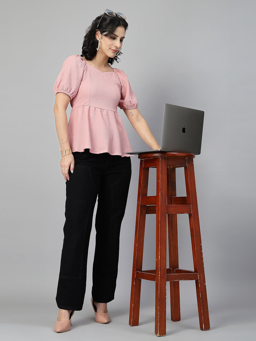 Style Quotient Women Texture Peach Polyester Peplum Top-Tops-StyleQuotient