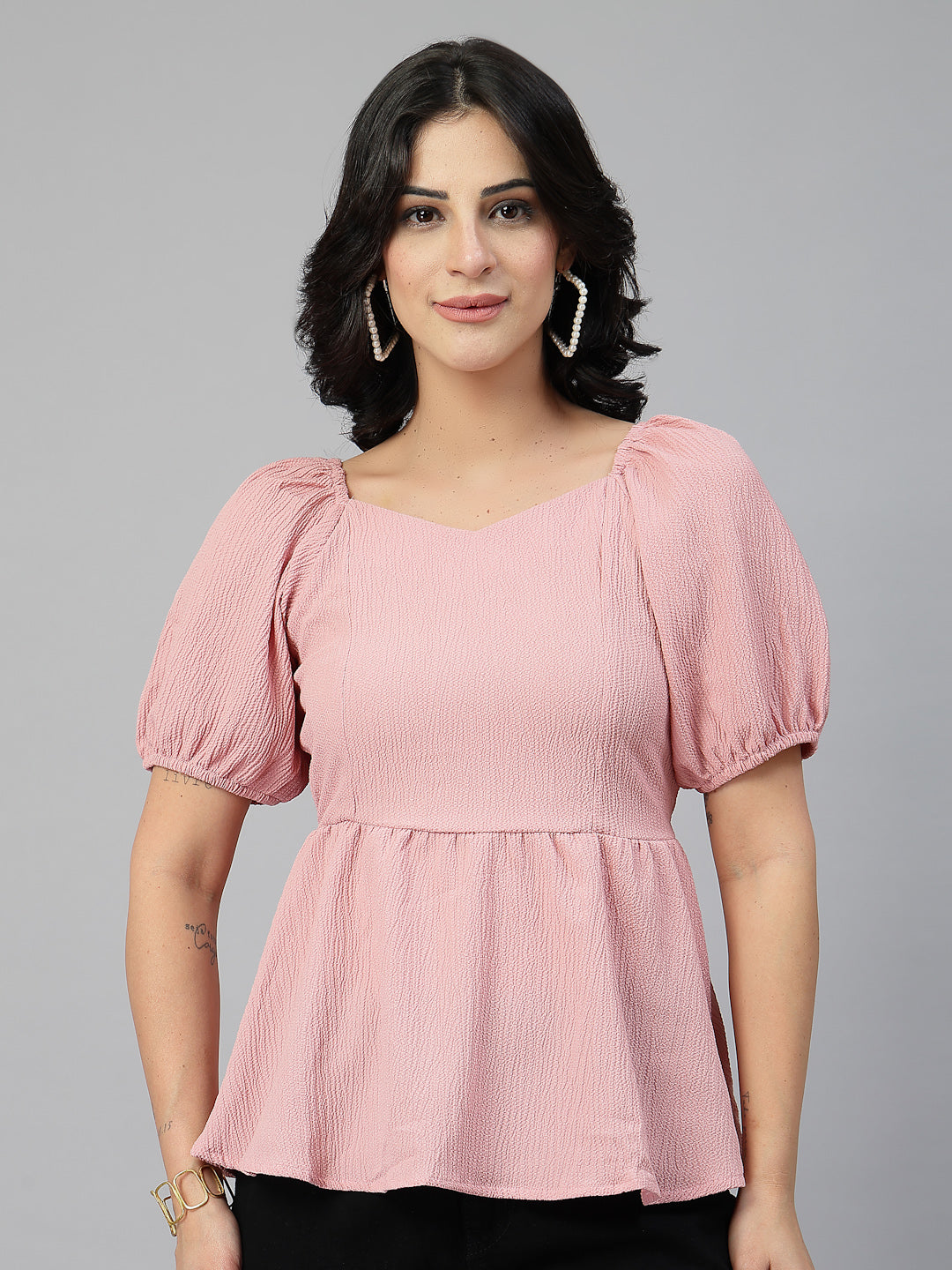 Style Quotient Women Texture Peach Polyester Peplum Top-Tops-StyleQuotient