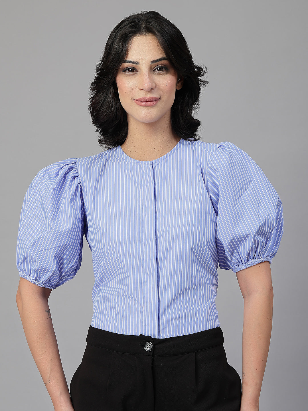 Style Quotient Women Blue and White Stripe Polycotton Formal Top-Shirts-StyleQuotient