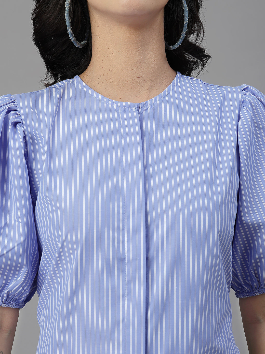 Style Quotient Women Blue and White Stripe Polycotton Formal Top-Shirts-StyleQuotient