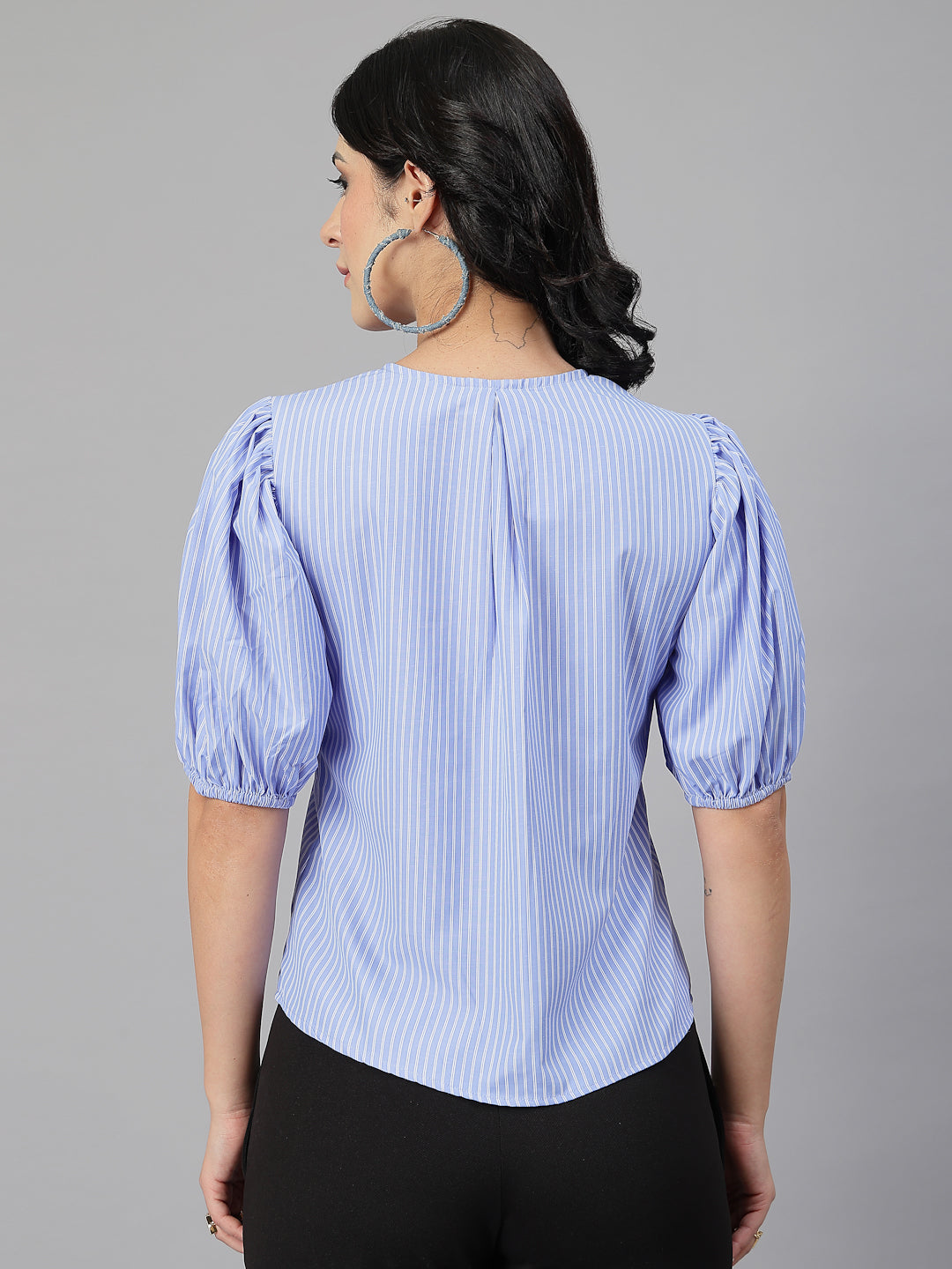 Style Quotient Women Blue and White Stripe Polycotton Formal Top-Shirts-StyleQuotient