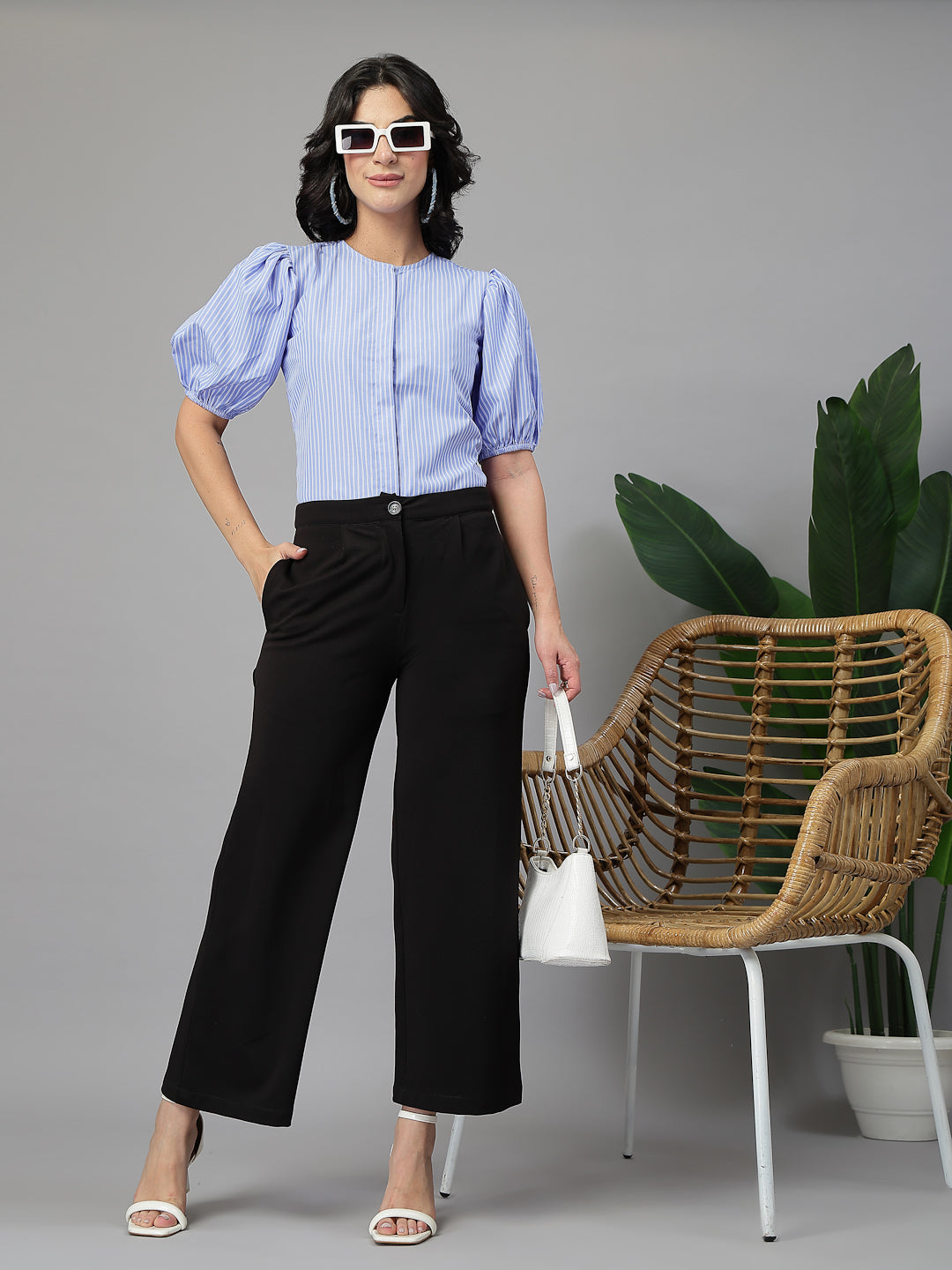 Style Quotient Women Blue and White Stripe Polycotton Formal Top-Shirts-StyleQuotient