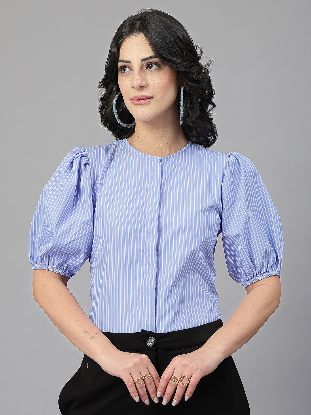 Style Quotient Women Blue and White Stripe Polycotton Formal Top-Shirts-StyleQuotient