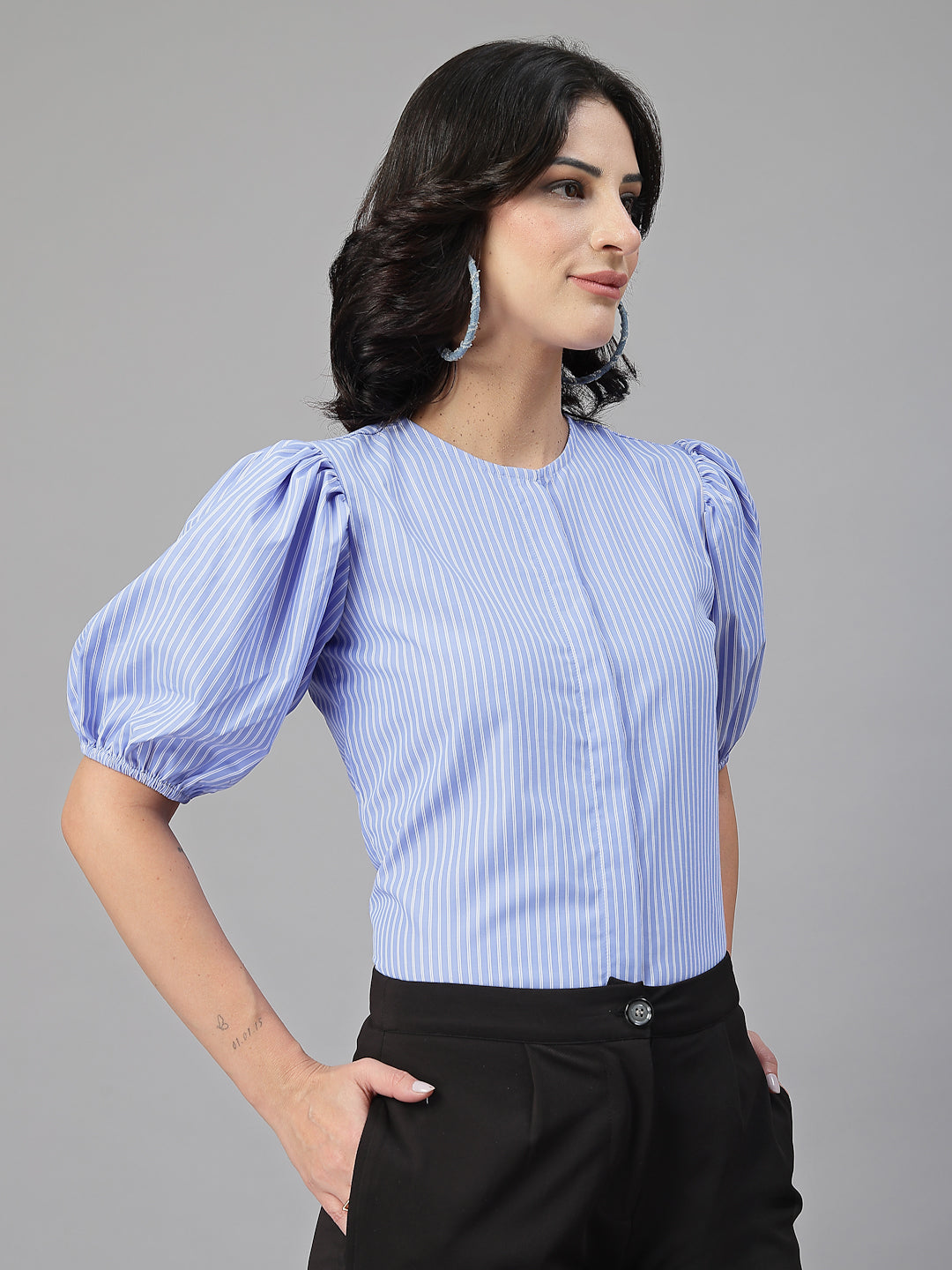 Style Quotient Women Blue and White Stripe Polycotton Formal Top-Shirts-StyleQuotient