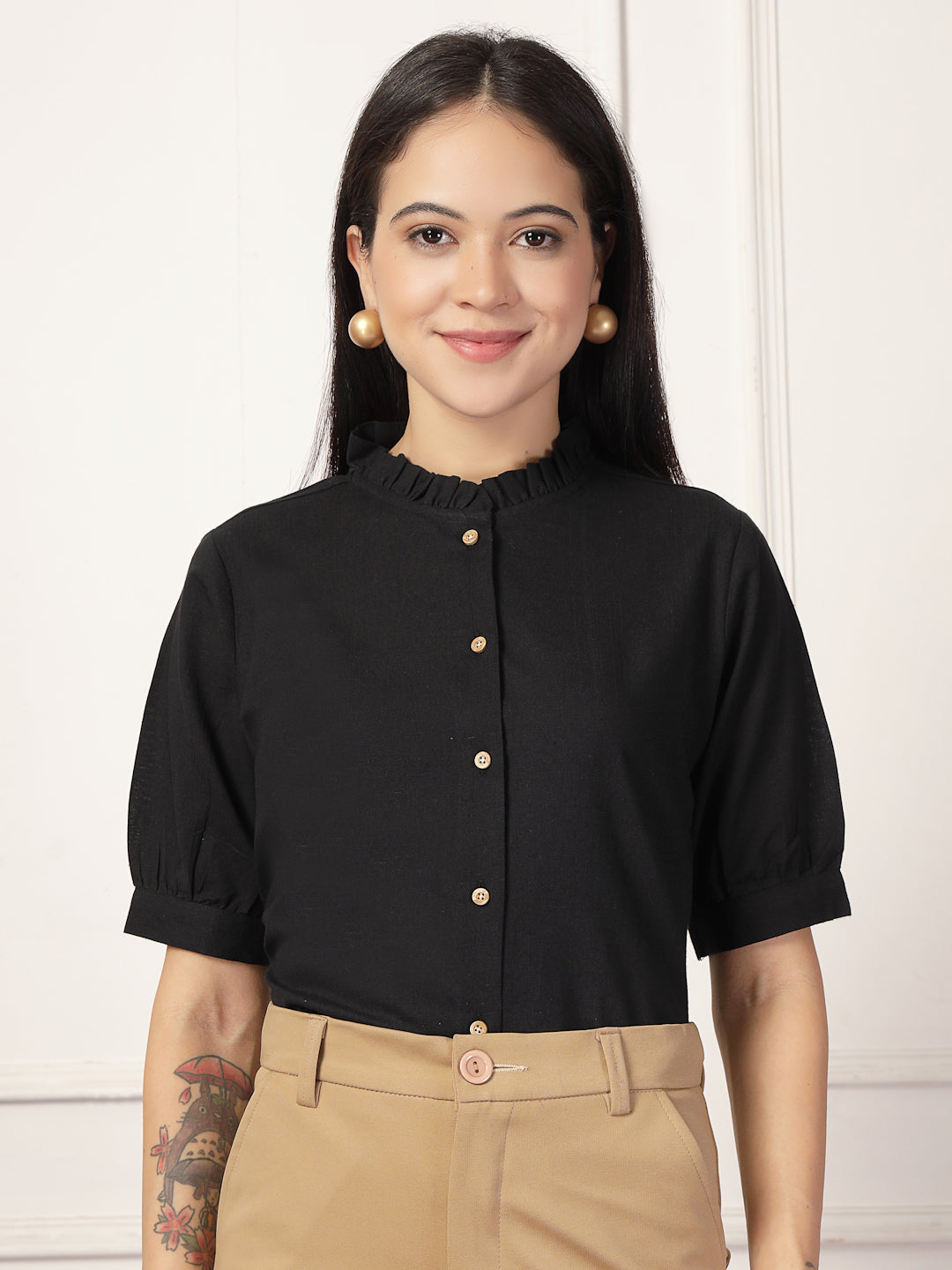 Style Quotient Women Solid Black Regular Fit Flex Formal Shirt-Shirts-StyleQuotient