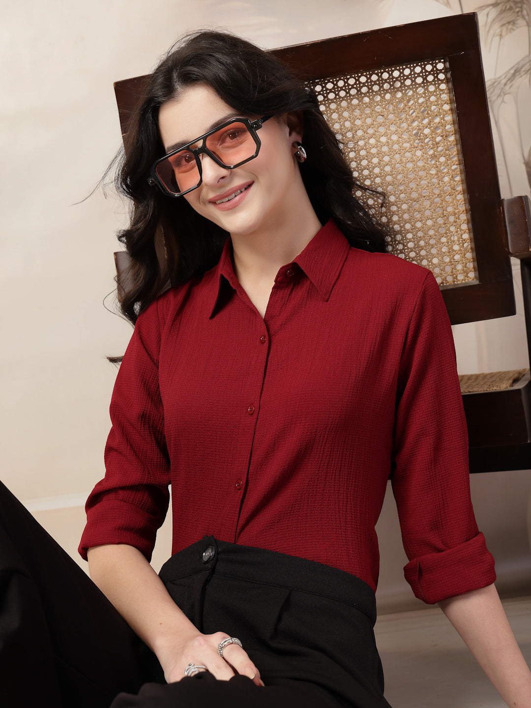 Style Quotient Women Maroon solid textured shirt-Shirts-StyleQuotient