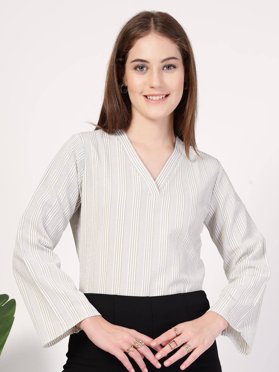 Style Quotient Women's top with V neck and bell sleeves-Tops-StyleQuotient
