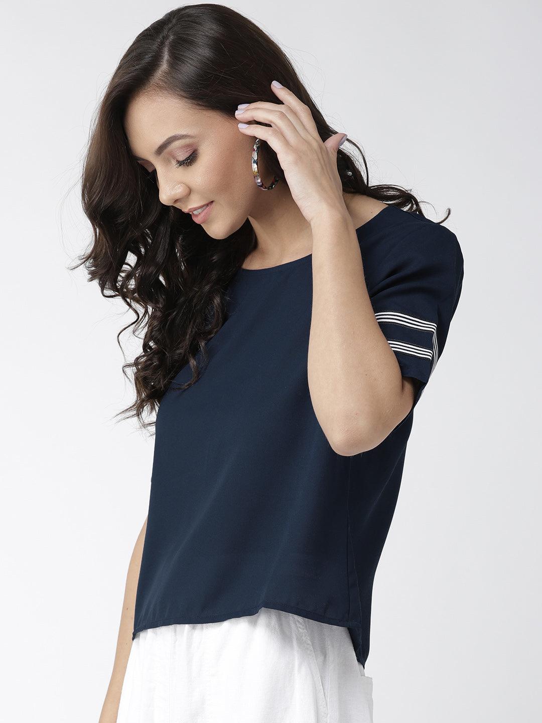 Women Navy Blue Solid Top-Tops-StyleQuotient