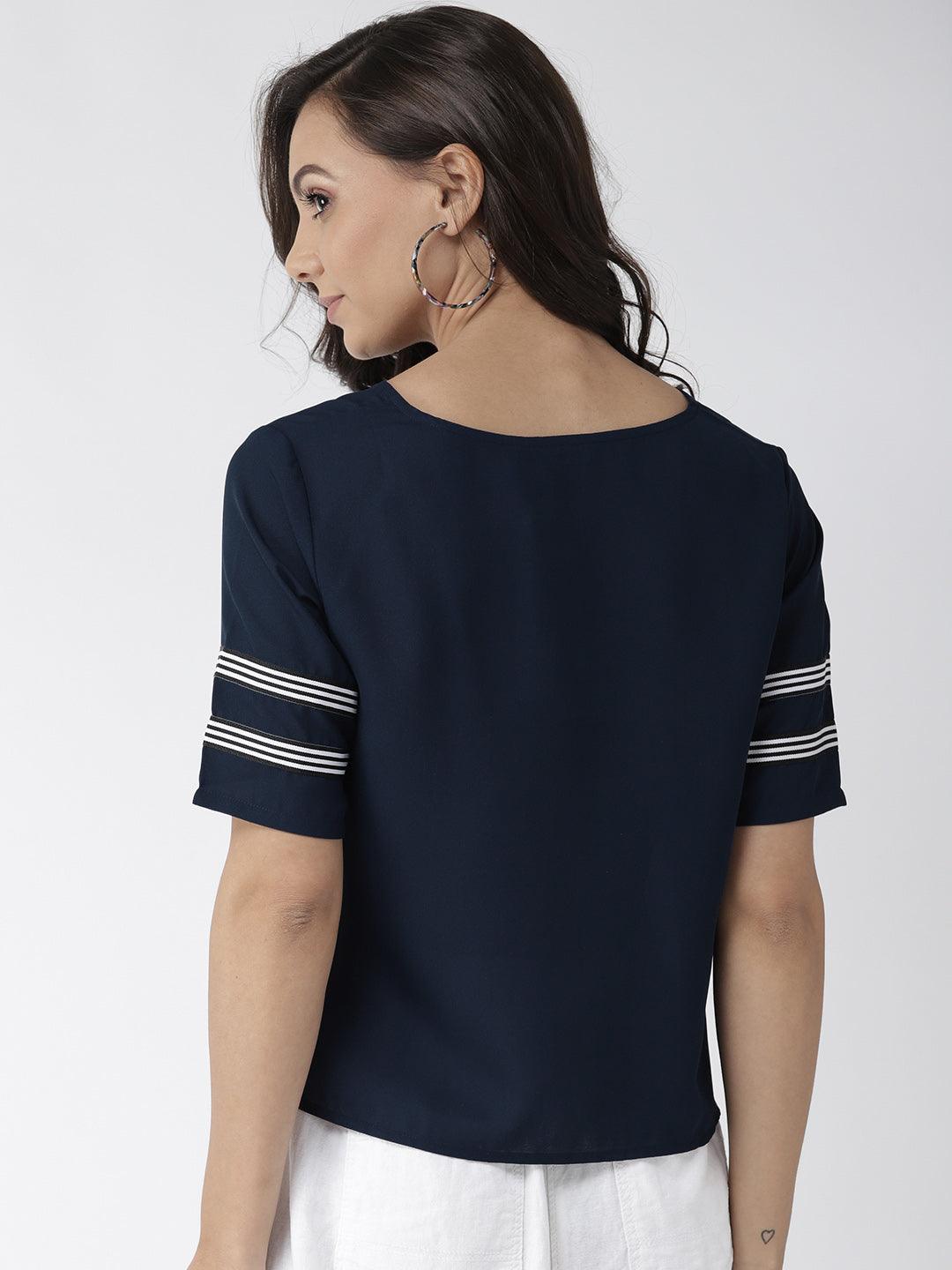 Women Navy Blue Solid Top-Tops-StyleQuotient