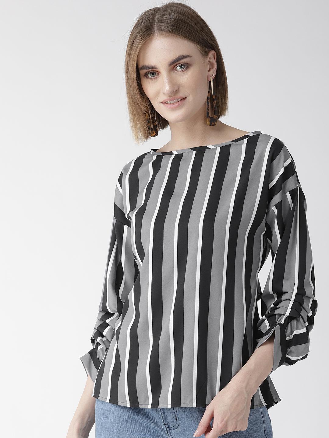 Women Grey & Black Striped Top-Tops-StyleQuotient