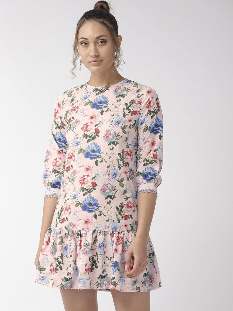 Women Pink & Blue Floral Printed Drop-Waist Dress-Dresses-StyleQuotient