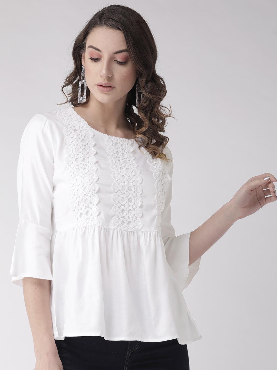 Style Quotient Women Solid White Viscose Rayon Empire Smart Casual Top-Tops-StyleQuotient
