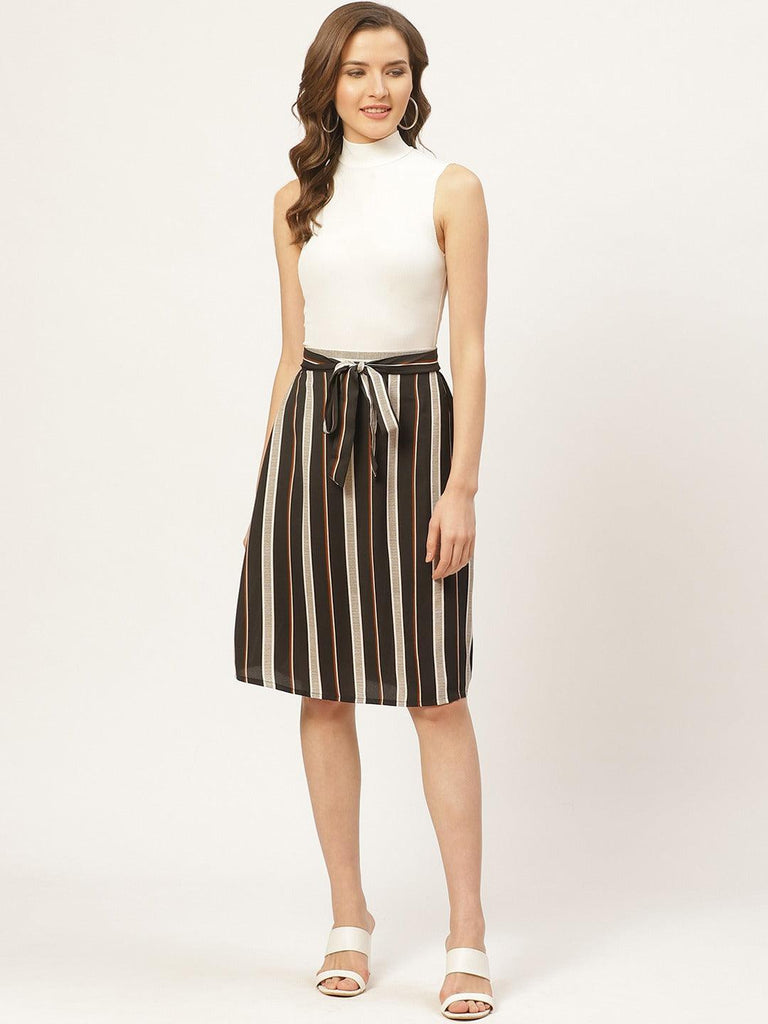 Women Black & Beige Striped A-Line Midi Skirt-Skirts-StyleQuotient