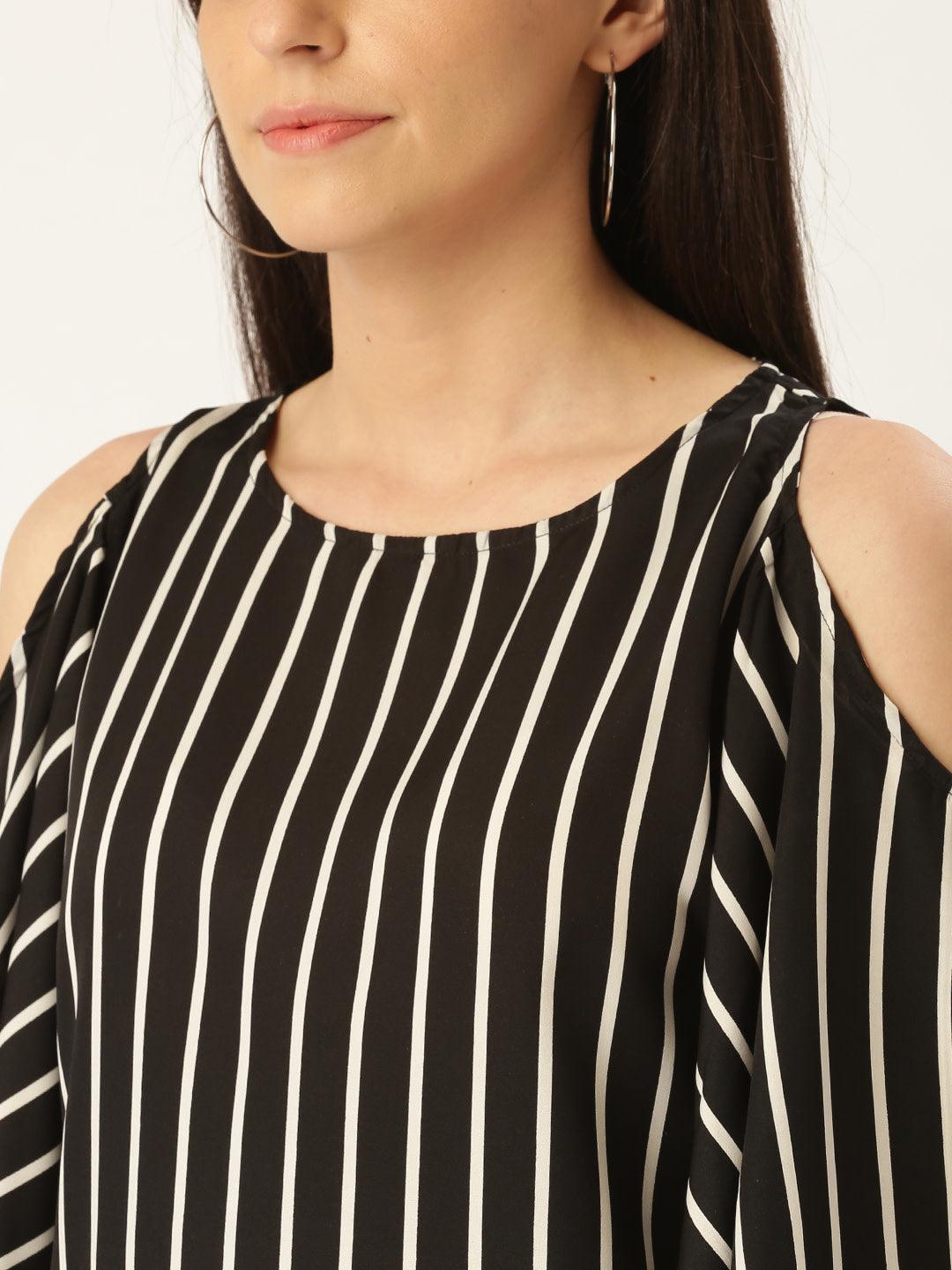 Women Black & White Cold-Shoulder Striped Top-Tops-StyleQuotient