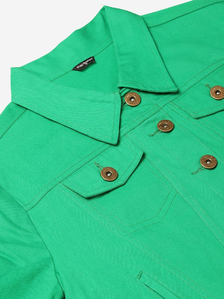Women Green Solid Denim Jacket-Jackets-StyleQuotient