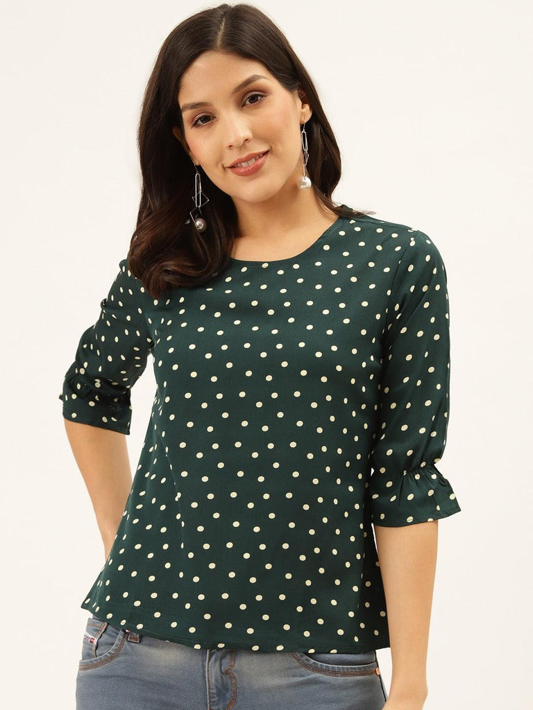 Style Quotient Women Green And White Polka Dot Printed Polyester Smart Casual Top-Tops-StyleQuotient