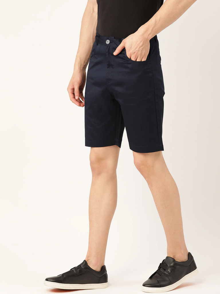 Men Navy Blue Solid Regular Fit Pure Cotton Chino Shorts-Men's Shorts-StyleQuotient