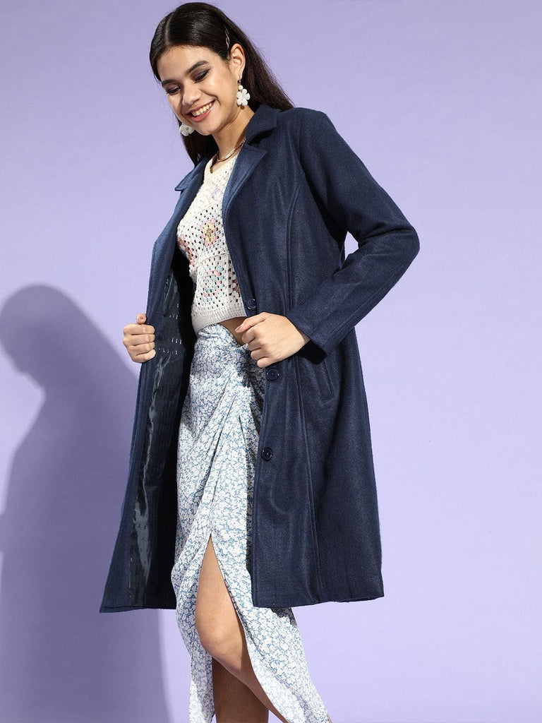 Style Quotient Women Navy Blue Solid Trench Coat-Jackets-StyleQuotient