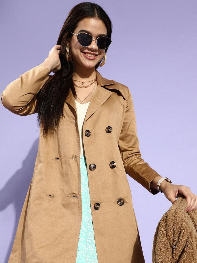 Style Quotient Women Beige Solid Double Breasted Trench Coat-Jackets-StyleQuotient