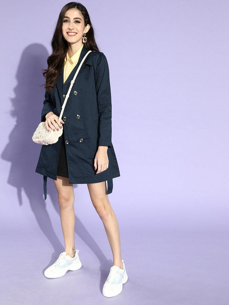 Style Quotient Women Navy Blue Solid Double Breasted Trench Coat-Jackets-StyleQuotient