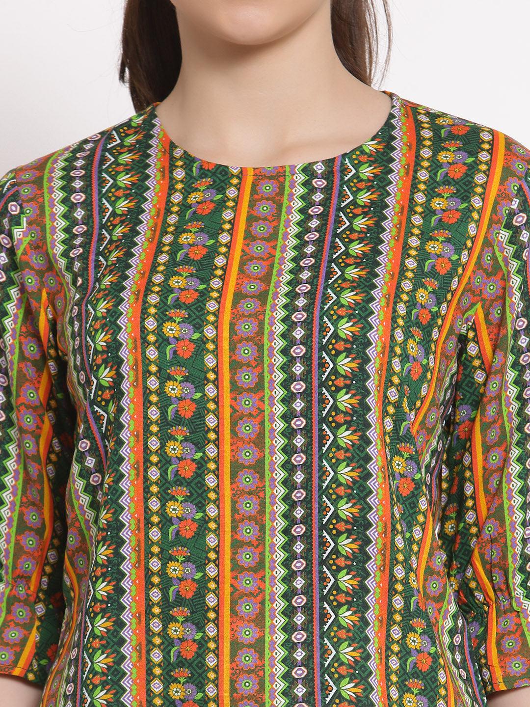 Style Quotient Women Olive And Multi Ethnic Printed Polyester Smart Casual Top-Tops-StyleQuotient