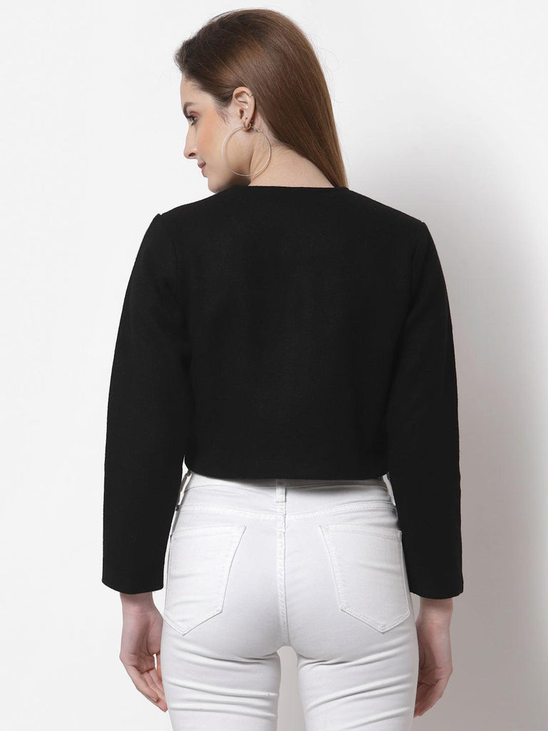 Women Black Crop Woolen Jacket-Jackets-StyleQuotient