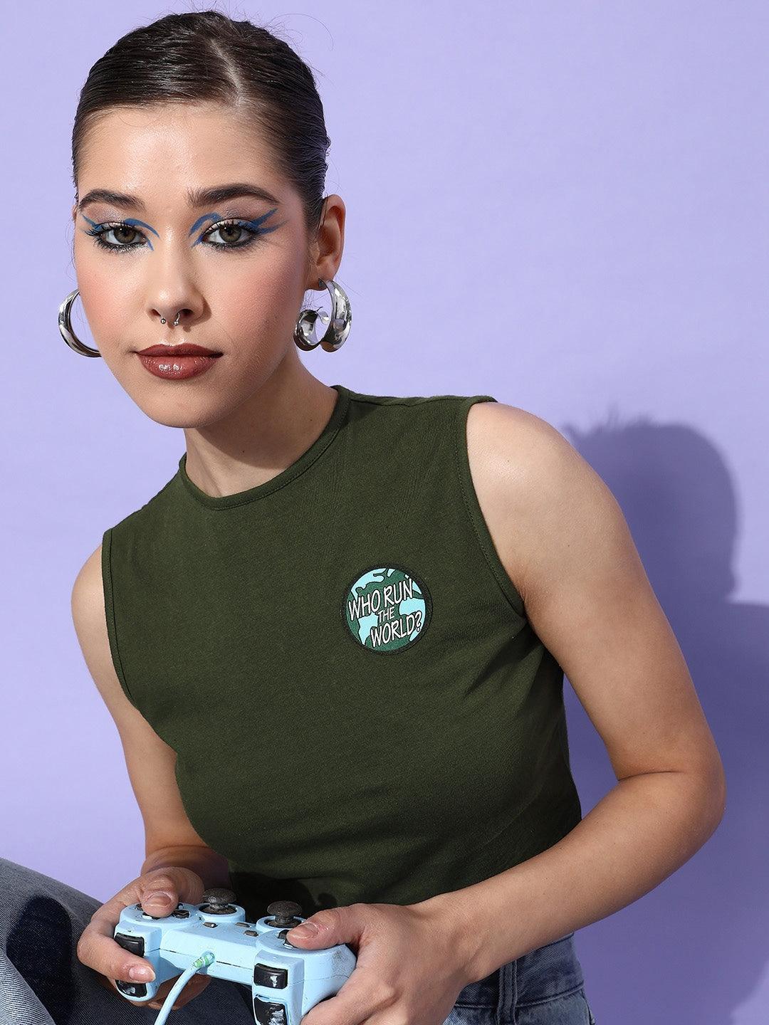 Style Quotient Olive Green Blue Solid Pure Cotton Crop Top with Applique Detail-Tops-StyleQuotient