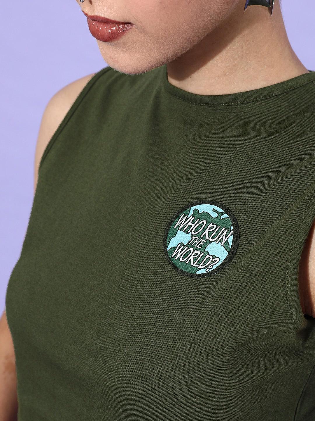 Style Quotient Olive Green Blue Solid Pure Cotton Crop Top with Applique Detail-Tops-StyleQuotient