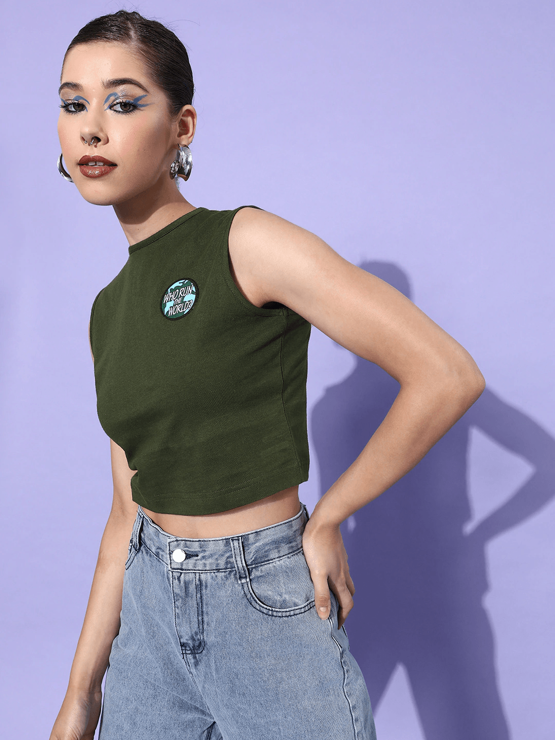 Style Quotient Olive Green Blue Solid Pure Cotton Crop Top with Applique Detail-Tops-StyleQuotient