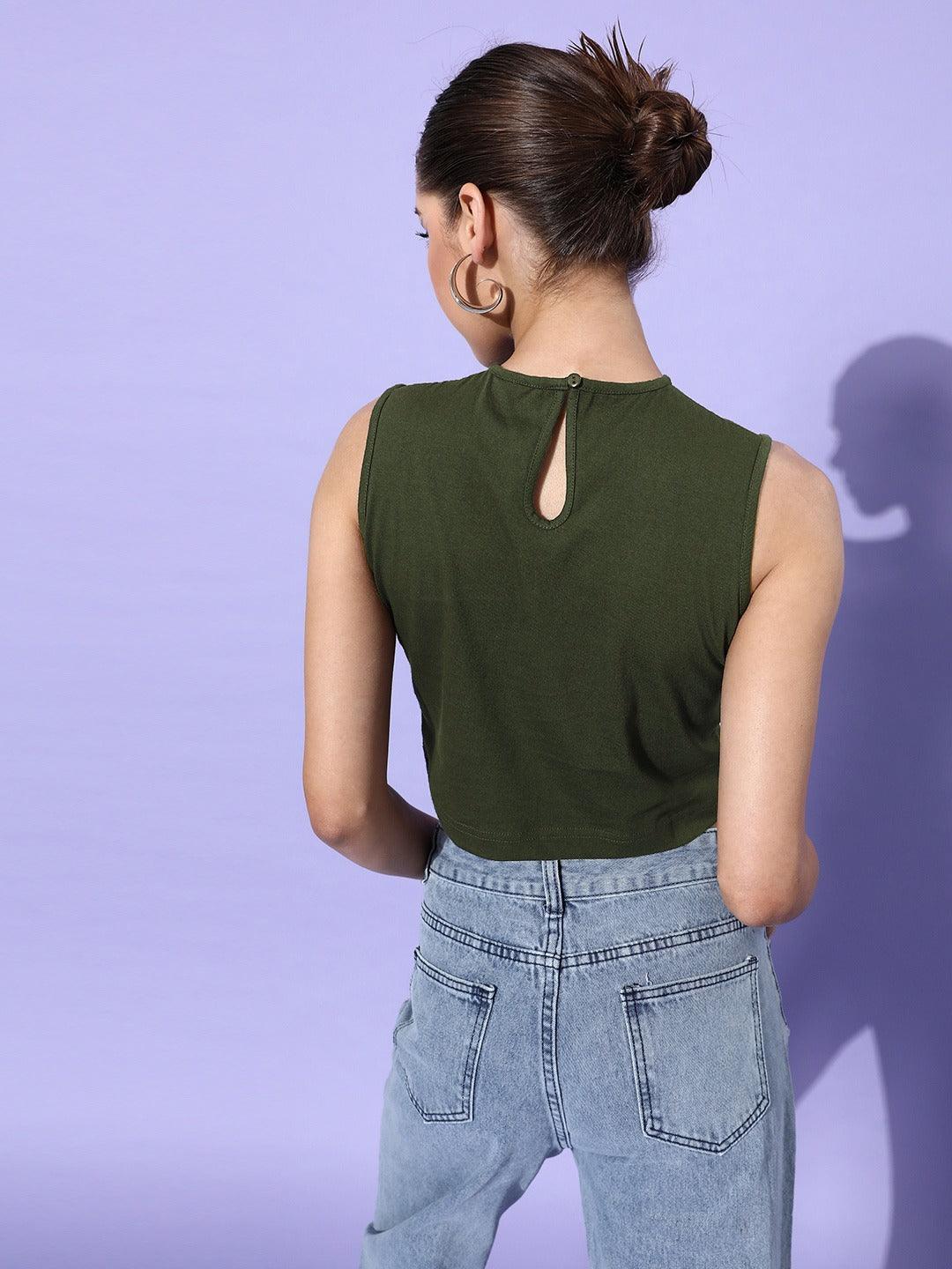 Style Quotient Olive Green Blue Solid Pure Cotton Crop Top with Applique Detail-Tops-StyleQuotient