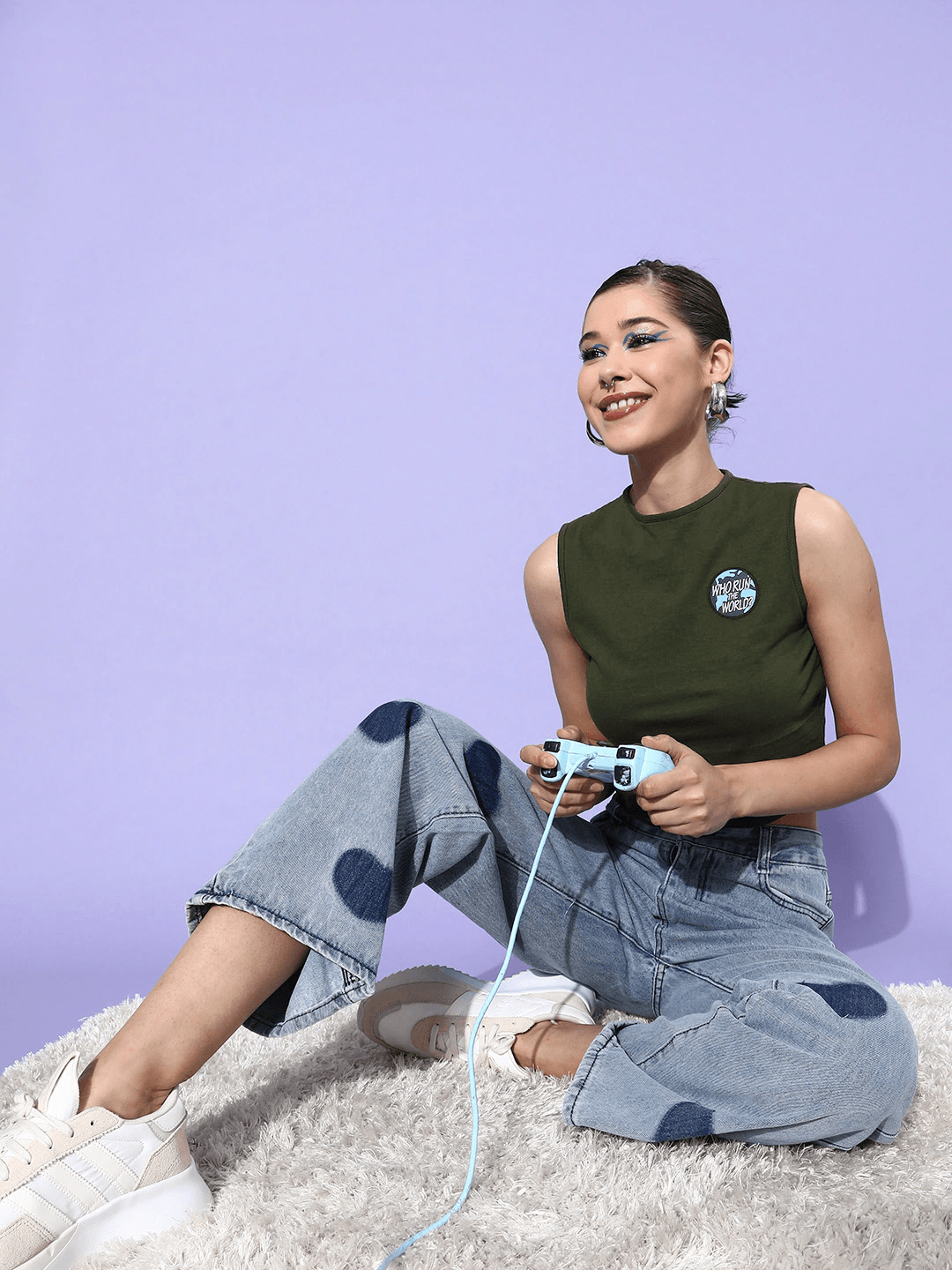 Style Quotient Olive Green Blue Solid Pure Cotton Crop Top with Applique Detail-Tops-StyleQuotient