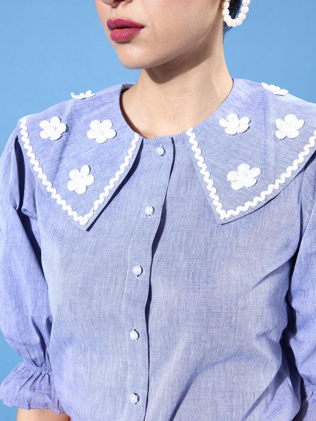 Style Quotient Women Blue Classic Floral Embroidered Casual Shirt-Shirts-StyleQuotient