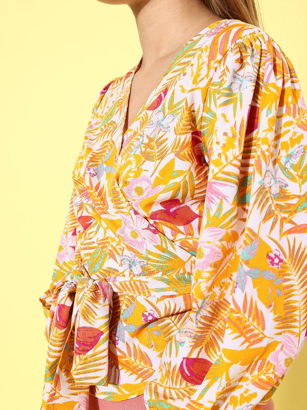 Style Quotient Women White & Mustard Yellow Tropical Print Wrap Top-Tops-StyleQuotient