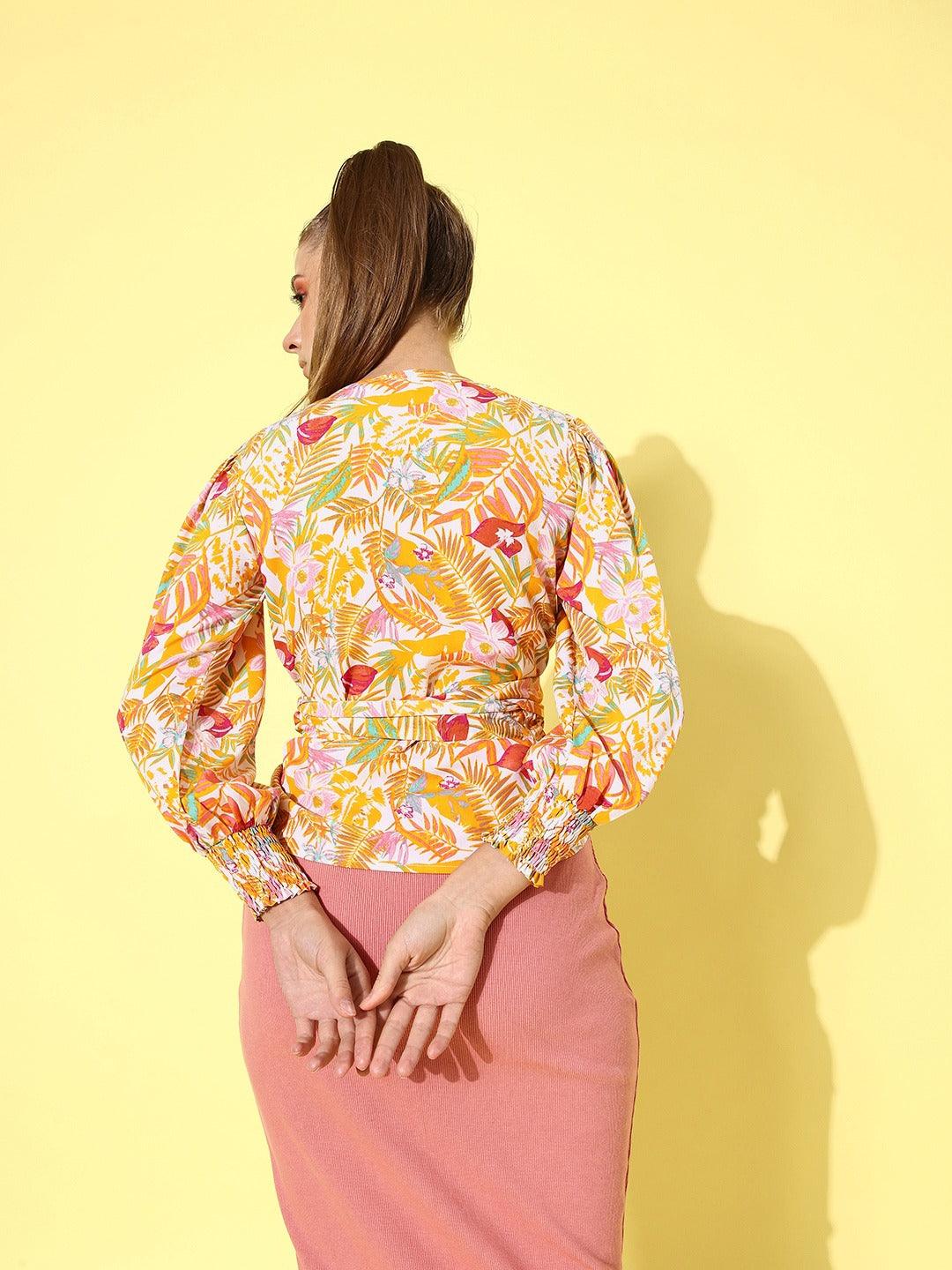 Style Quotient Women White & Mustard Yellow Tropical Print Wrap Top-Tops-StyleQuotient