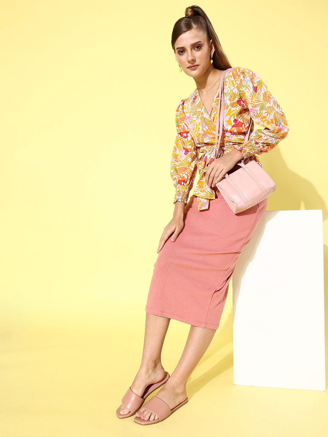 Style Quotient Women White & Mustard Yellow Tropical Print Wrap Top-Tops-StyleQuotient